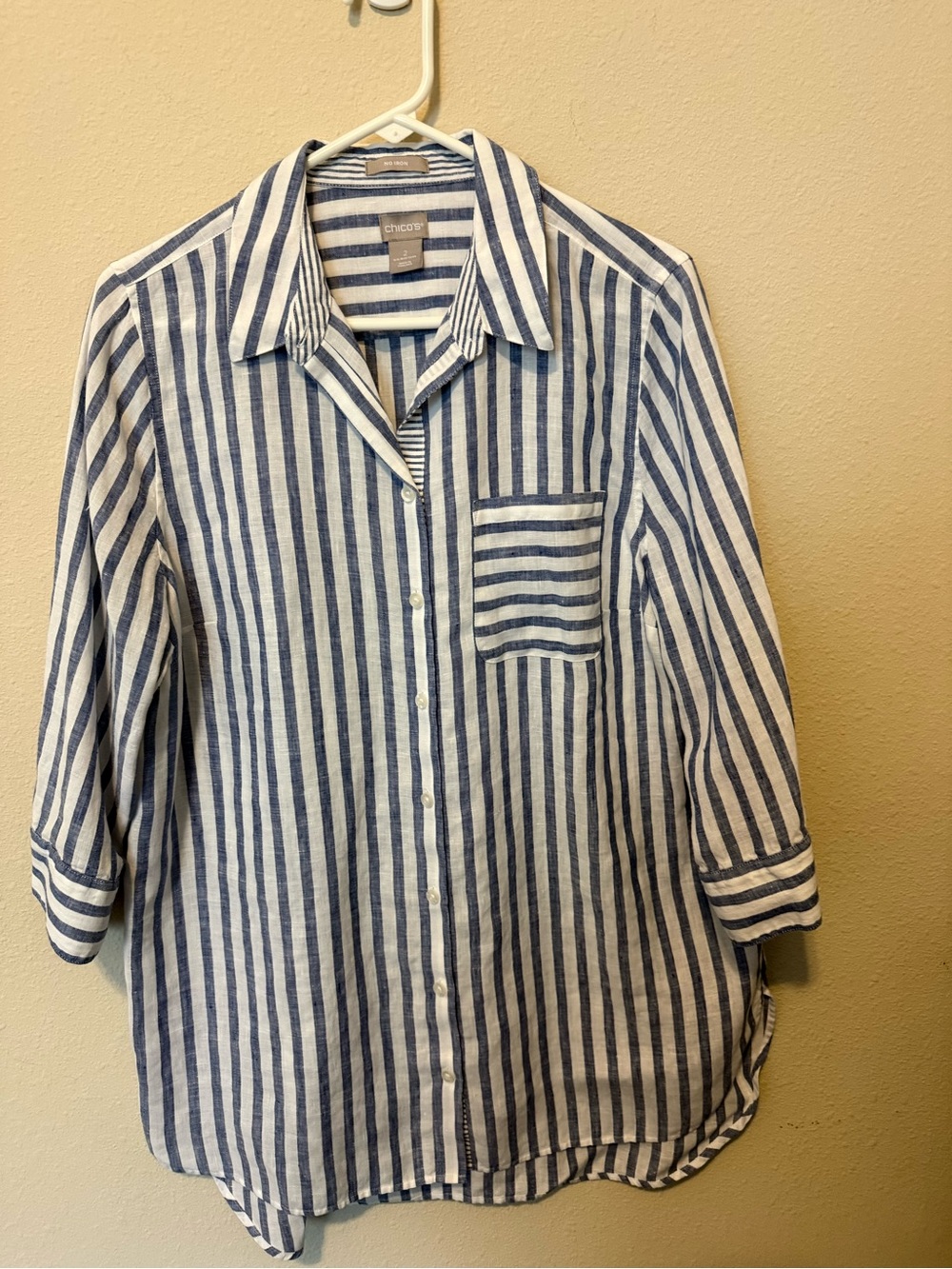 Chico's Navy and White Vertical Stripe Button-Down Shirt